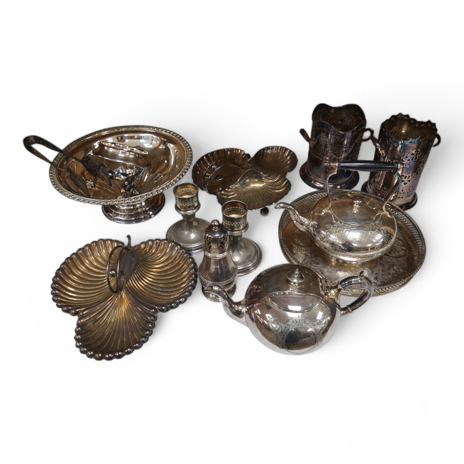 Assorted plated wares including a pair of syphon holders and pair of hors d'oueurvs dishes, largest 29cm in diameter. Condition - mostly fair/good